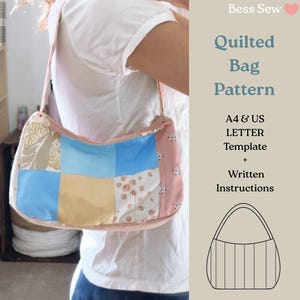 May include: A patchwork shoulder bag with a variety of fabric patterns and colors, including blue, yellow, and floral prints. The bag has a pink strap and trim. Text on the image reads "Quilted Bag Pattern" and "A4 & US LETTER Template + Written Instructions."