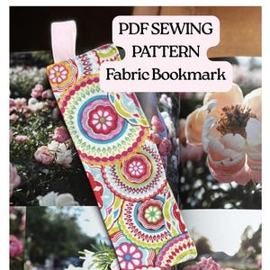 Op de afbeelding: Een kleurrijk stoffen boekenlegger met een bloemenpatroon in rood, roze, geel en blauw. De boekenlegger heeft een roze lint. De tekst op de afbeelding luidt "PDF Sewing Pattern Fabric Bookmark".