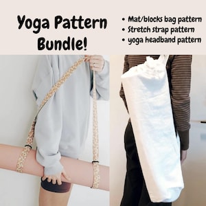 Op de afbeelding: Yoga Pattern Bundle bevat instructies voor een mat- en bloktas, een stretchband en een yoga-hoofdband. De afbeelding toont een yoga-matriem met bloemenpatroon en een effen witte cilindrische yoga-mattas met een trekkoordsluiting.