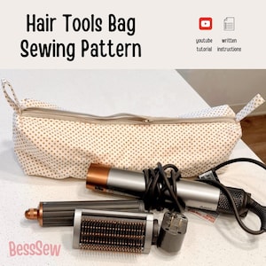 May include: A beige and white polka dot fabric bag with a zipper closure, accompanied by a hair styling tool with multiple attachments. The text reads Hair Tools Bag Sewing Pattern, youtube tutorial, written instructions, and BessSew.