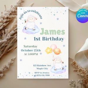 First Birthday Invitation, Boy Girl 1st Birthday Balloon Invite, Editable Instant Download Template