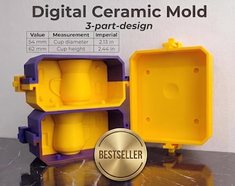 May include: A 3-part digital ceramic mold in yellow and purple with a cup shape interior. Text reads Digital Ceramic Mold, 3-part-design, and a table showing cup diameter of 2.13 in and cup height of 2.44 in. A gold circular BESTSELLER badge is included.