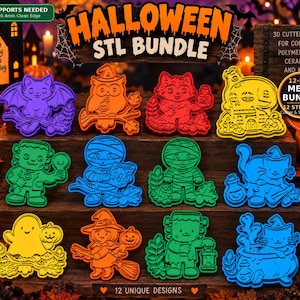 Pode incluir: Uma coleção digital de 12 arquivos STL de cortadores de biscoitos com tema de Halloween, incluindo designs de morcego, coruja, guaxinim, casa assombrada, Frankenstein, múmia, gato, fantasma e bruxa, com etiquetas de texto e pacote 12 em 1.
