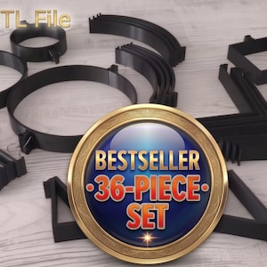 May include: A collection of black 3D printed components including circular, square, and angular shapes. The image features the text Digital STL File and a gold circular badge with the text BESTSELLER 36-PIECE SET in blue and red lettering.