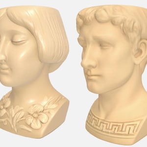May include: Two beige-colored decorative planters shaped like classical busts. One depicts a woman with closed eyes and floral detailing, the other a man with a geometric pattern at the base. Ideal for indoor plants.