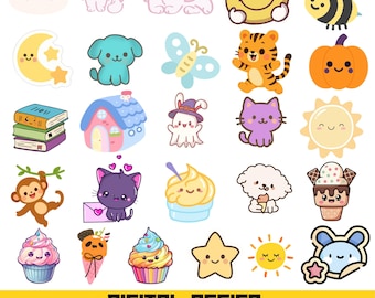 Kawaii Clipart Bundle: Animals, Cupcakes, Stars (SVG PNG)