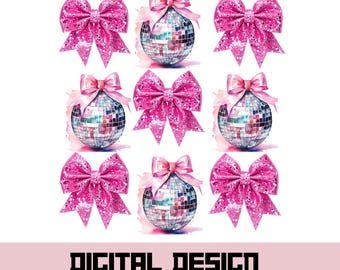 Pink Disco Ball Bow SVG PNG Bundle | Retro Glitter Coquette Clipart for Cricut