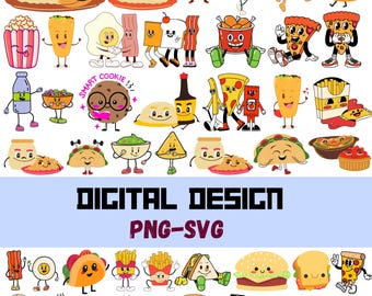 Paquete de imágenes prediseñadas de comida kawaii: descarga digital en formato SVG y PNG (más de 30 diseños)