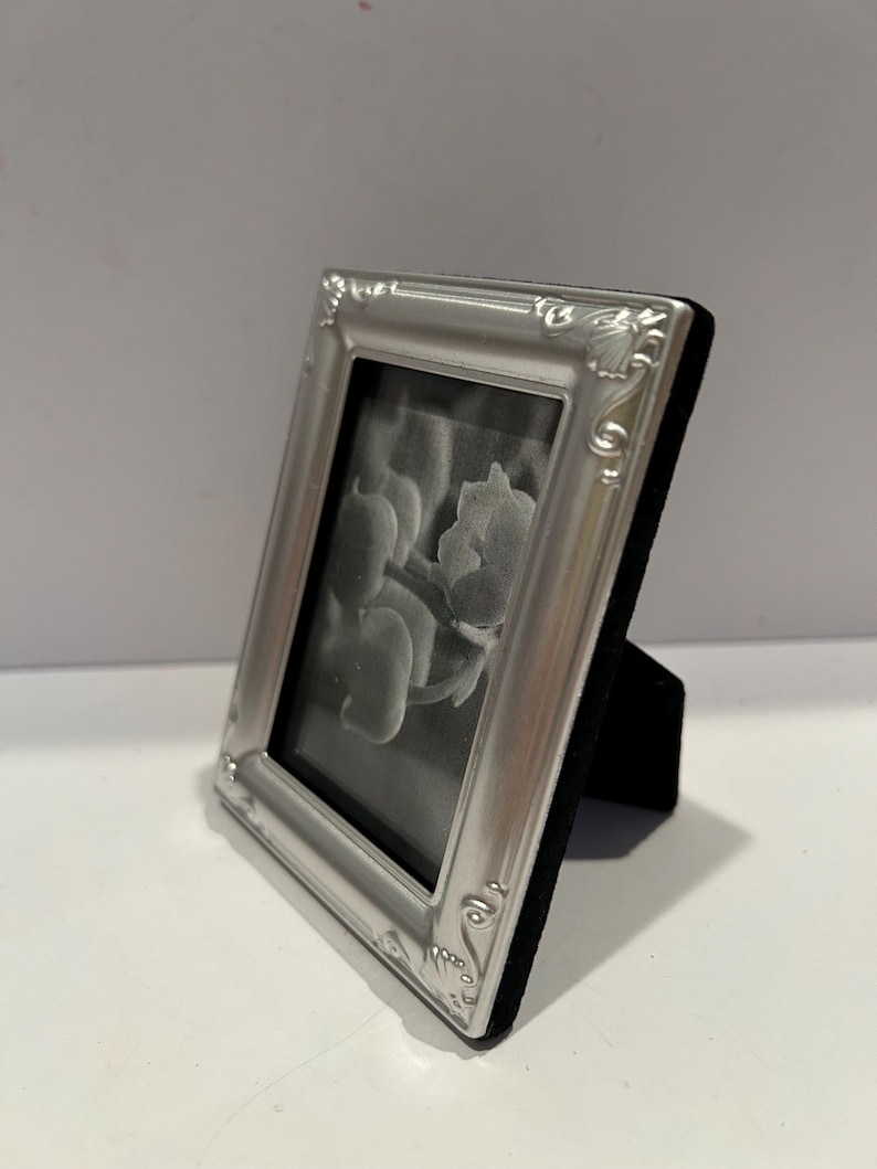 May include: A small rectangular picture frame with a metallic silver finish and ornate embossed detailing along the edges. The frame features a black velvet backing and a stand, holding a black and white photograph of a floral botanical subject.