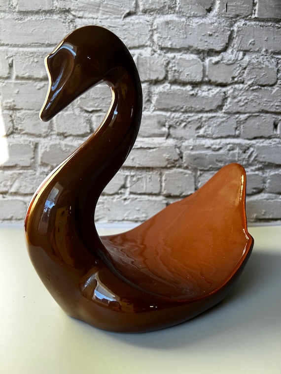 Vintage MCM Brown Porcelain Swan - Towel Holder