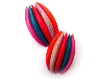 Boho Artisan Wood Earrings, Multi-Color 2-1/8" L., True Vintage Clip-On Style