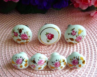 Pink Rose Knobs on White with Gold Trim, 3 Sizes Lot of 7, Made in Japan, Vintage