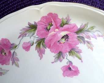 Knowles Pink Flower Plate Cake Server, 10-3/4" Dia. Vintage 1940's Era, Made in the USA