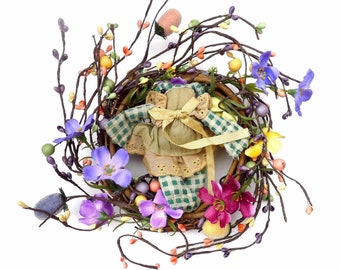 Small Frog Wreath 10", Whimsical Cottage Nature Decor, Grapevine and Wildflowers