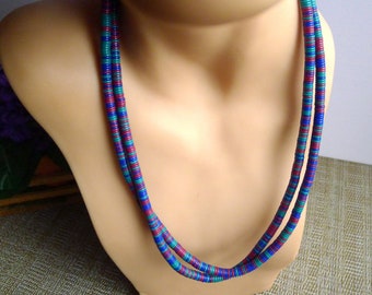 Avon Flat Bead Necklace, Blue Burgundy Green, 2 Long Strands, Vintage