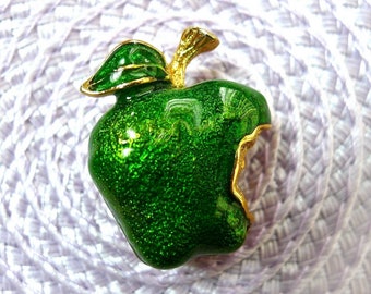 Green Apple Brooch, Emerald Enamel, Bite Design, Vintage Whimsical Pin
