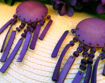 Disco Motion Earrings, 1970's Purple Oversized Jewelry, Over 4" L. Pierced, Beaded Drop