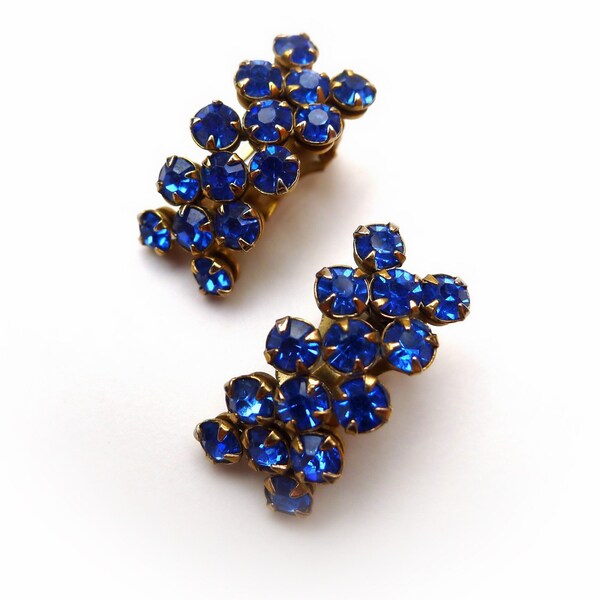 Vintage Blue Rhinestone Earrings, Sparkling 1" Clip-On Semi Hoops, Authentic 1960's