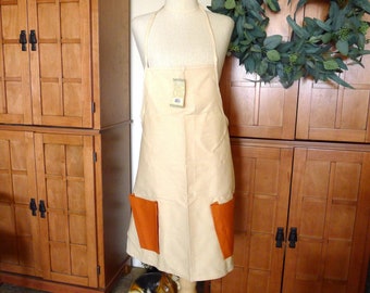 Vintage Canvas Apron Full Length for Kitchen, Gardening, Farmer's Market with Large Clay Pot Novelty Pockets