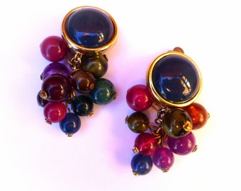 Vintage Cha Cha Bead Earrings, Clip-On Cluster Dangles, Carnelian Rust Blue and Green