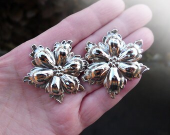 Silver Flower Earrings, Bright and Shiny Silver Tone, Oversized Pierced, Vintage 1980's Era