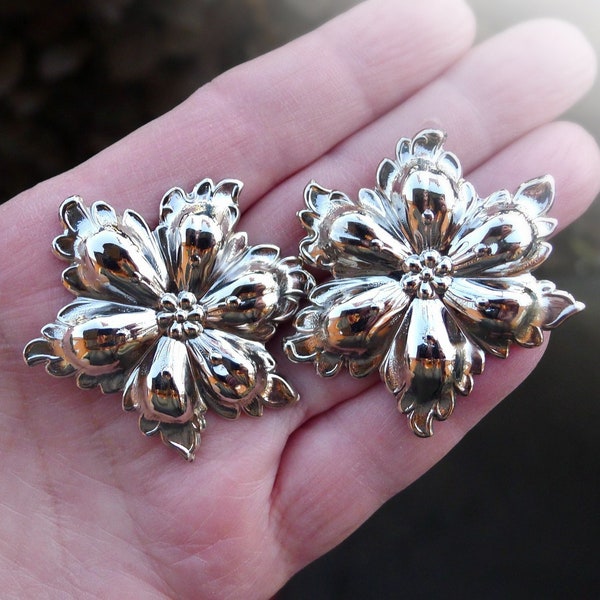 Silver Flower Earrings, Bright and Shiny Silver Tone, Oversized Pierced, Vintage 1980's Era