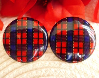 Red Blue Plaid Earrings, Sparkling Gold Accent, Large 1-1/4" Dia. for Pierced Ears, Vintage 1980's Jewelry