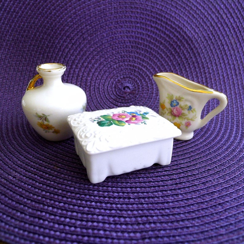 Mini Trinket Box and Pitchers, Flower Decoration, Vintage Cluttercore Knick Knack Vignette image 9