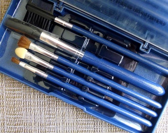 Vintage Avon Makeup Brush Set, Personal Beauty in a Blue Carrying Case with Mirror