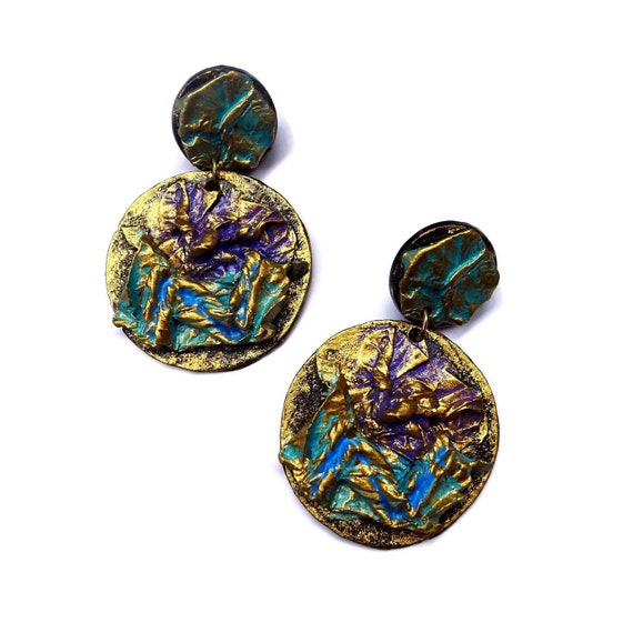 Vintage Turquoise Gold Earrings, Oversized Boho D… - image 2