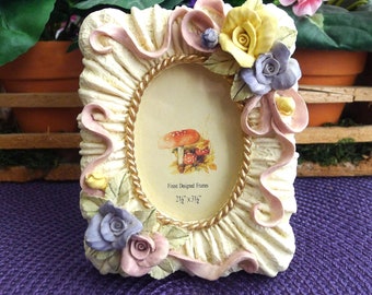 Small Roses Photo Frame, Lavender Pink Yellow Flowers, 4-3/4" x 3-3/4" NOS, Tabletop Easel Back, Vintage 90's