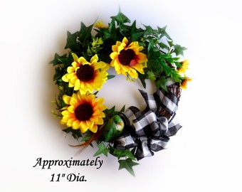 Sunflower Bird Ladybug Wreath, 11" Small Size Handmade Floral, Yellow Flowers and Black & White Buffalo Check Ribbon