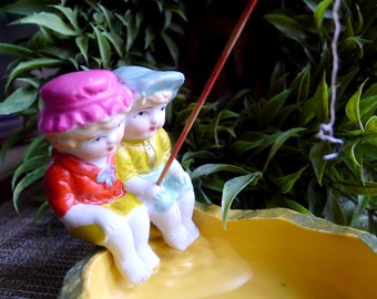 Boy Girl Fishing Figurine, Occupied Japan NOS, Shelf Sitter for Fish Tank, Planter Ornament w/ Pole and Seat