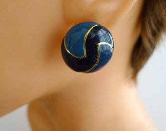 Classic Blue Button Earrings, Abstract Gold Tone Trim, 3/4" Pierced Studs, Casual Traditional or Dress, Vintage 1970's