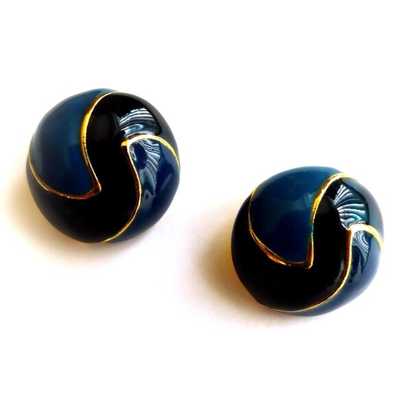 Classic Blue Button Earrings, Abstract Gold Tone Trim, 3/4" Pierced Studs, Casual Traditional or Dress, Vintage 1970's