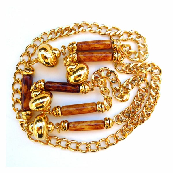 Tortoiseshell Bead Necklace, 37" Long Gold Tone Curb Link, Brown Faux Bois, Authentic Vintage 1990's