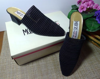 Mootsies Tootsiex Black Mules, Size 7 M Black Zany Shoes, Open Back Heels and Fabric Upper
