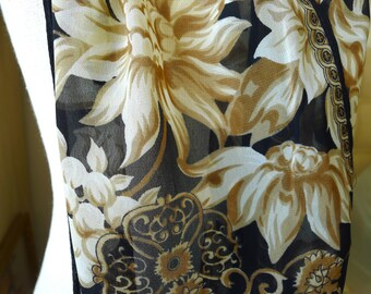 Long Sunflower Scarf 52" x 9-1/2", Rose Flowers, Sheer Black Cream and Tan, True Vintage Accessory