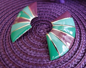Color Block Earrings, Striped Plum Turquoise and Green Enamel, Vintage 1980's