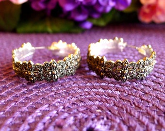 Silver Tone Hoop Earrings, Sparkle like Marcasite, 1-1/4" Dia. Pierced, Vintage 1980's