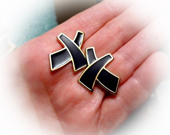 Monet Kiss X Earrings, Black Enamel and Gold Tone Trim, 1980's True Vintage