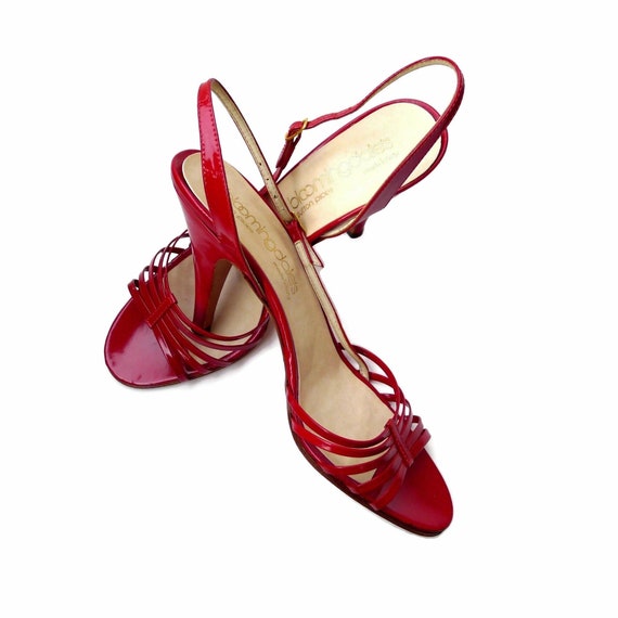 Red Patent Leather Heels 1970's, Strappy Slingback, U… - Gem