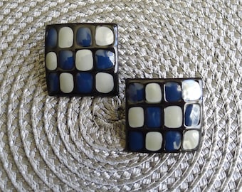 Vintage Checkered Earrings, Navy Blue Gray and Black, Classic Tailored Style, 1-1/8" Pierced