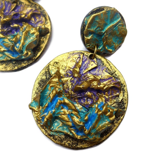 Vintage Turquoise Gold Earrings, Oversized Boho D… - image 3