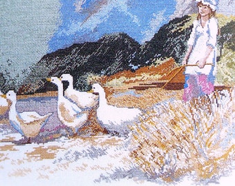 Vintage Cross Stitch Girl with Geese, La Fille Des Oies by Dawna Barton