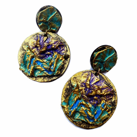 Vintage Turquoise Gold Earrings, Oversized Boho D… - image 4