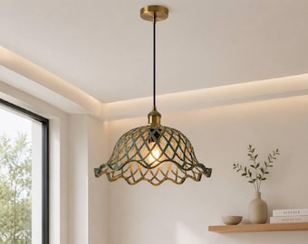Ręcznie wykonana lampa wisząca z litej miedzi | Oprawa w stylu rustykalnym z falistą kratą