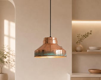 Handmade Solid Copper Pendant Light, Rustic Patina Hanging Lamp, Industrial Farmhouse Ceiling Light, Kitchen Island Fixture