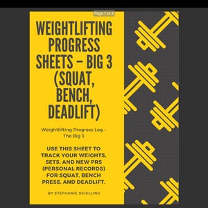 Può includere: Un foglio di avanzamento per il sollevamento pesi giallo e grigio con il testo "WEIGHTLIFTING PROGRESS SHEETS - BIG 3 (SQUAT, BENCH, DEADLIFT)". Il foglio include istruzioni per tenere traccia di pesi, serie e record personali.