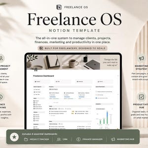 May include: A digital Freelance OS Notion template display showing a dashboard with project management, finance tracking, marketing strategy, and productivity hub features. The interface includes sections for tasks, clients, and analytics.